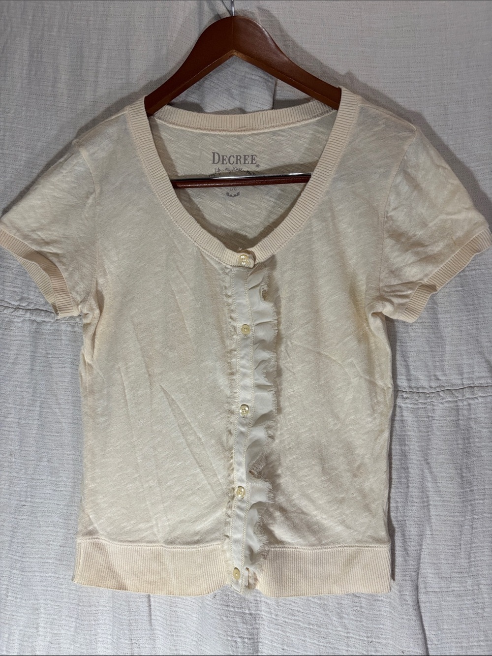 Decree Cream Ruffle Button Up Cardigan Short Sleeve 100% Cotton L EUC